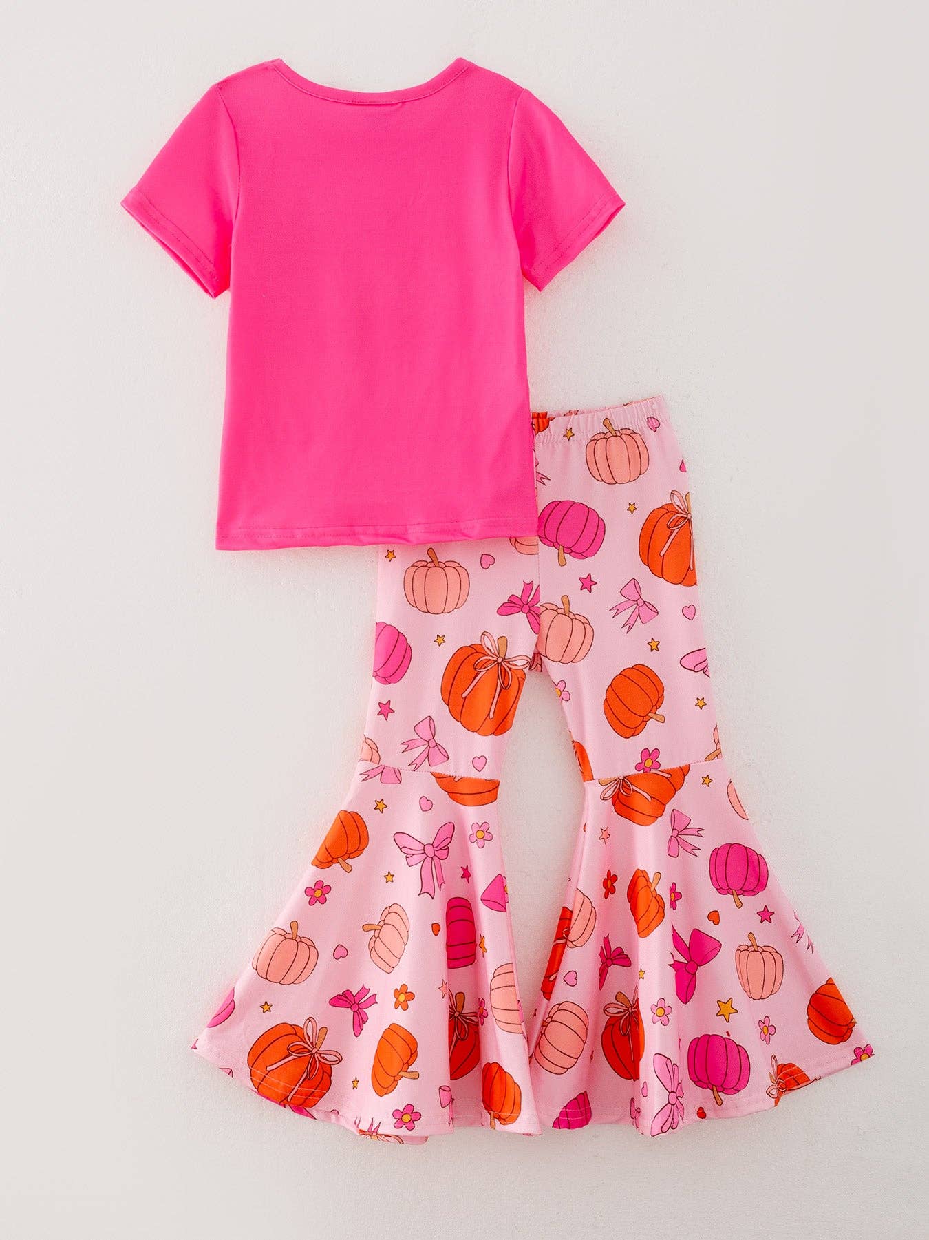 Girls Halloween Hot Pink Pumpkin Bow Short Sleeved Top + Bell-Bottom Pants Set