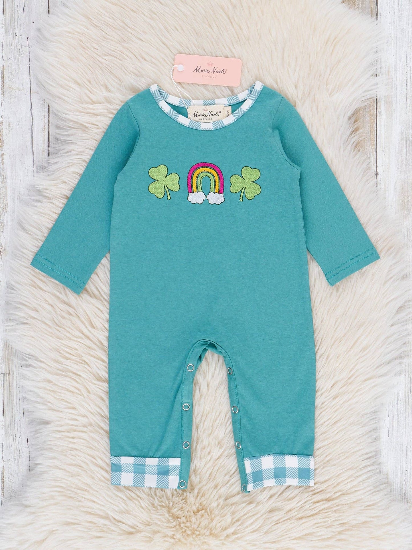Rainbow Clover Field Gingham Romper