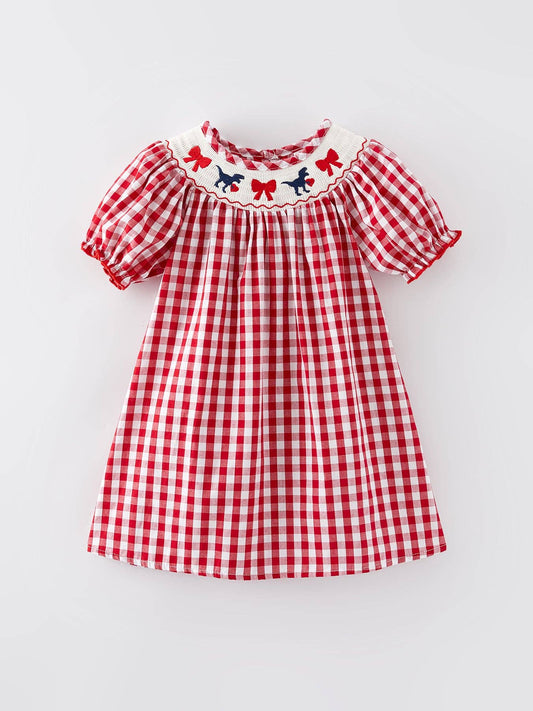 Valentine's Day Dinosaur Bow Smocking Embroidered Dress