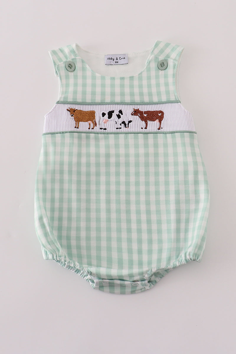 Green cow embroidery smocked gingham bubble