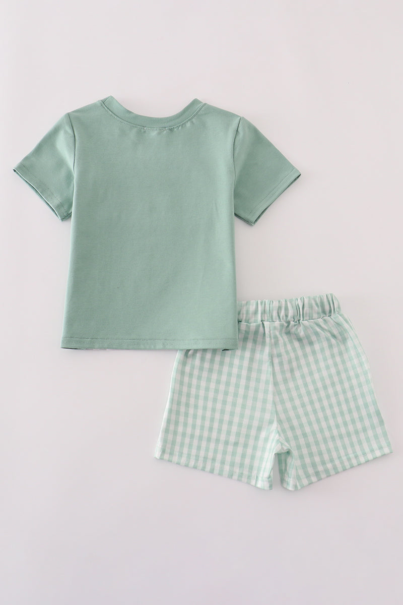 Boys Green cow embroidery smocked gingham shorts set
