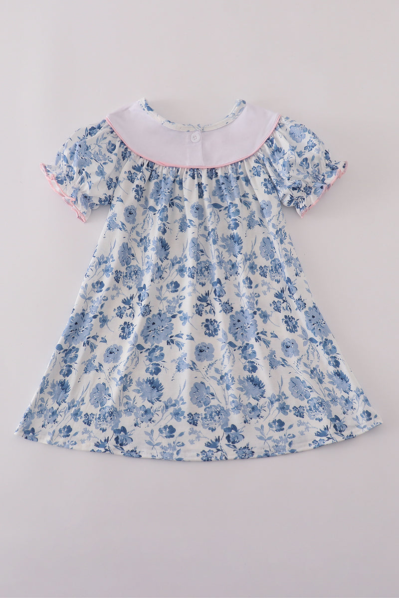 Blue bow embroidery floral dress