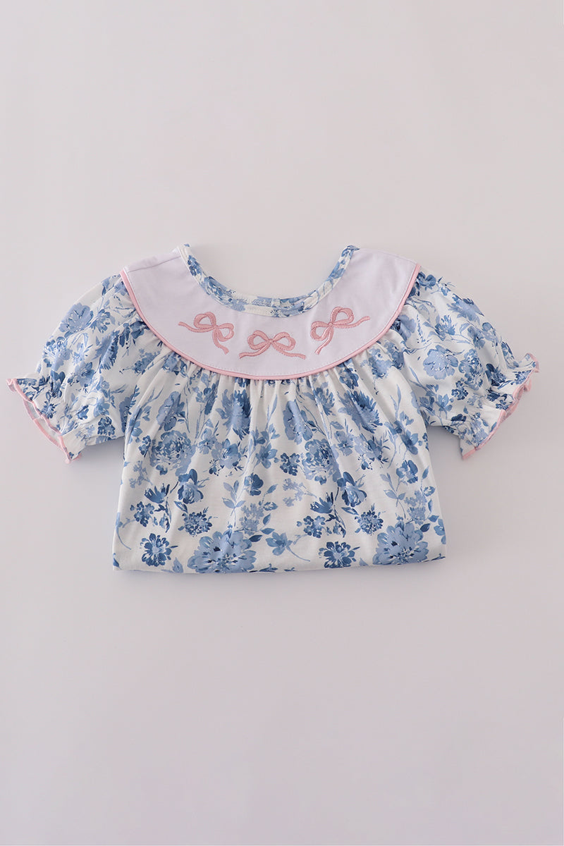 Blue bow embroidery floral dress