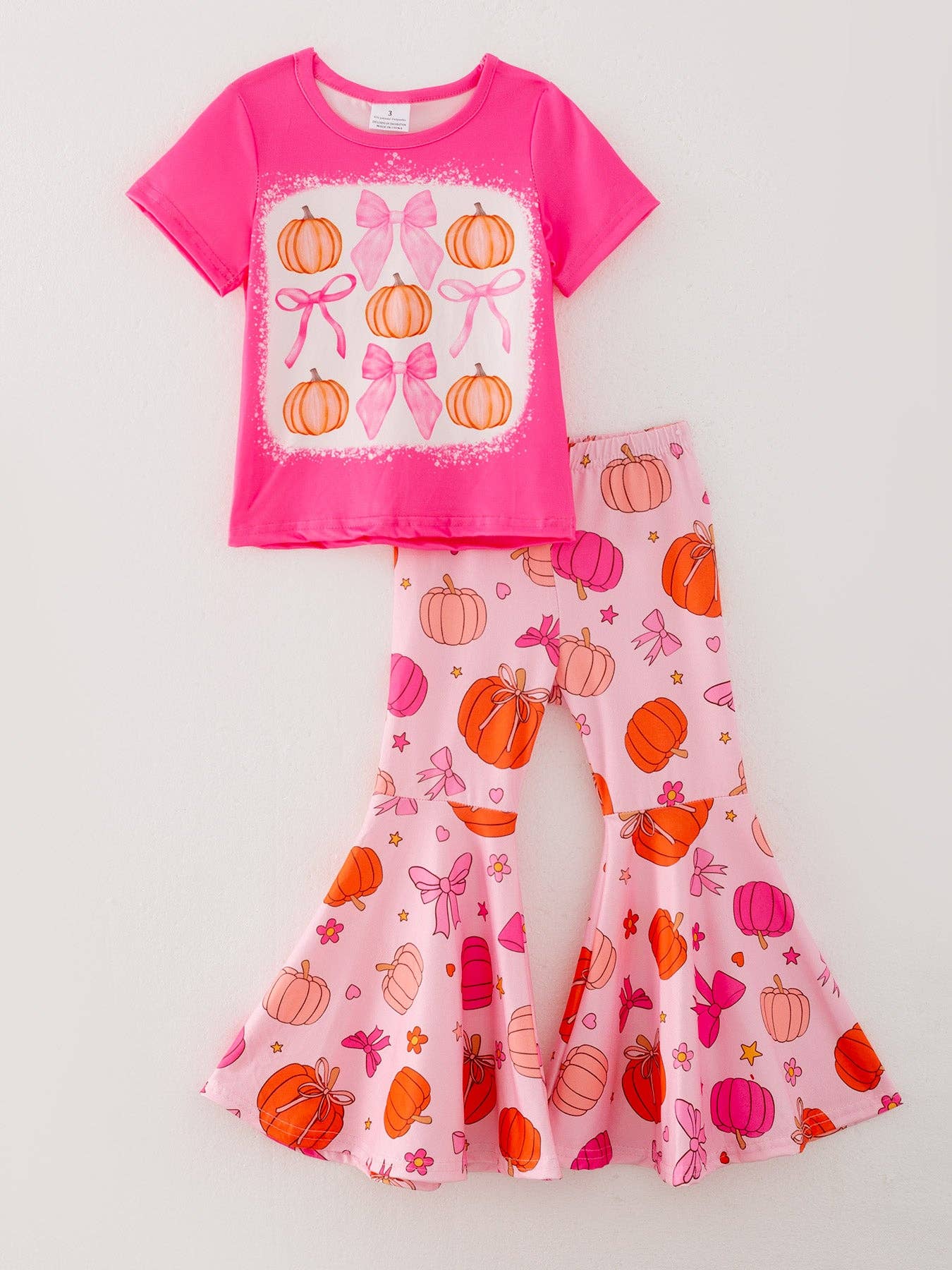Girls Halloween Hot Pink Pumpkin Bow Short Sleeved Top + Bell-Bottom Pants Set
