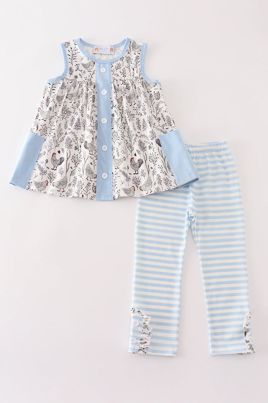 Blue Stripe Chicken Print Girl Set