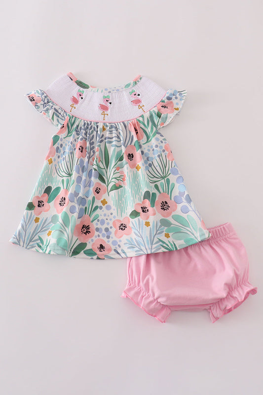 Floral flamingo embroidery smocked bloomer set