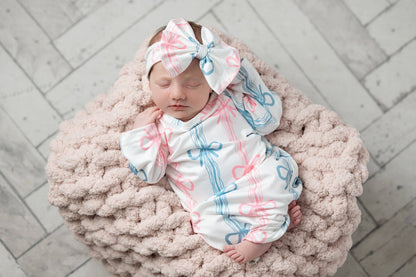 Infant Bow Rows Baby Gown and Bow Headband Set