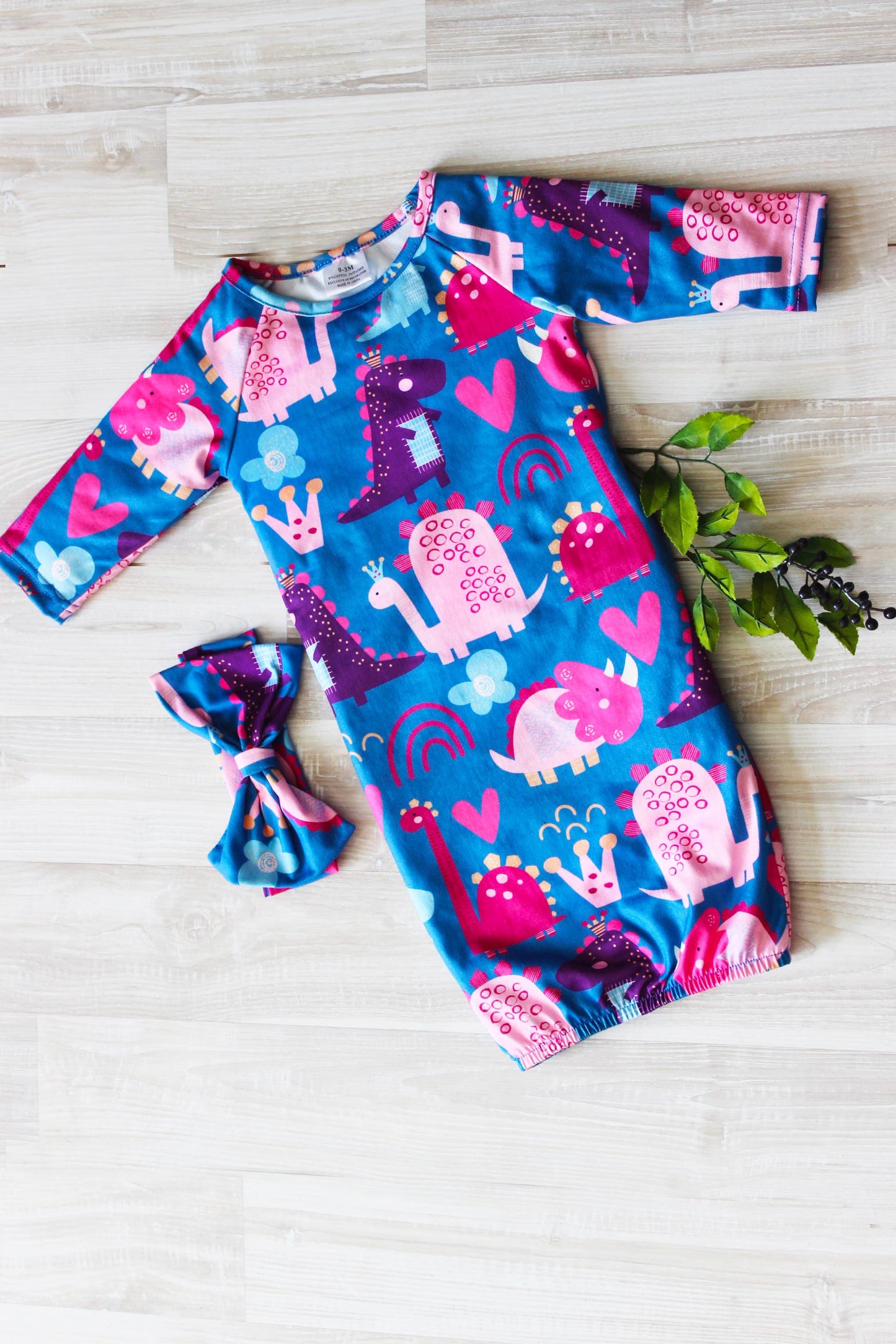 Infant Girl Dino Baby Gown and Bow Headband