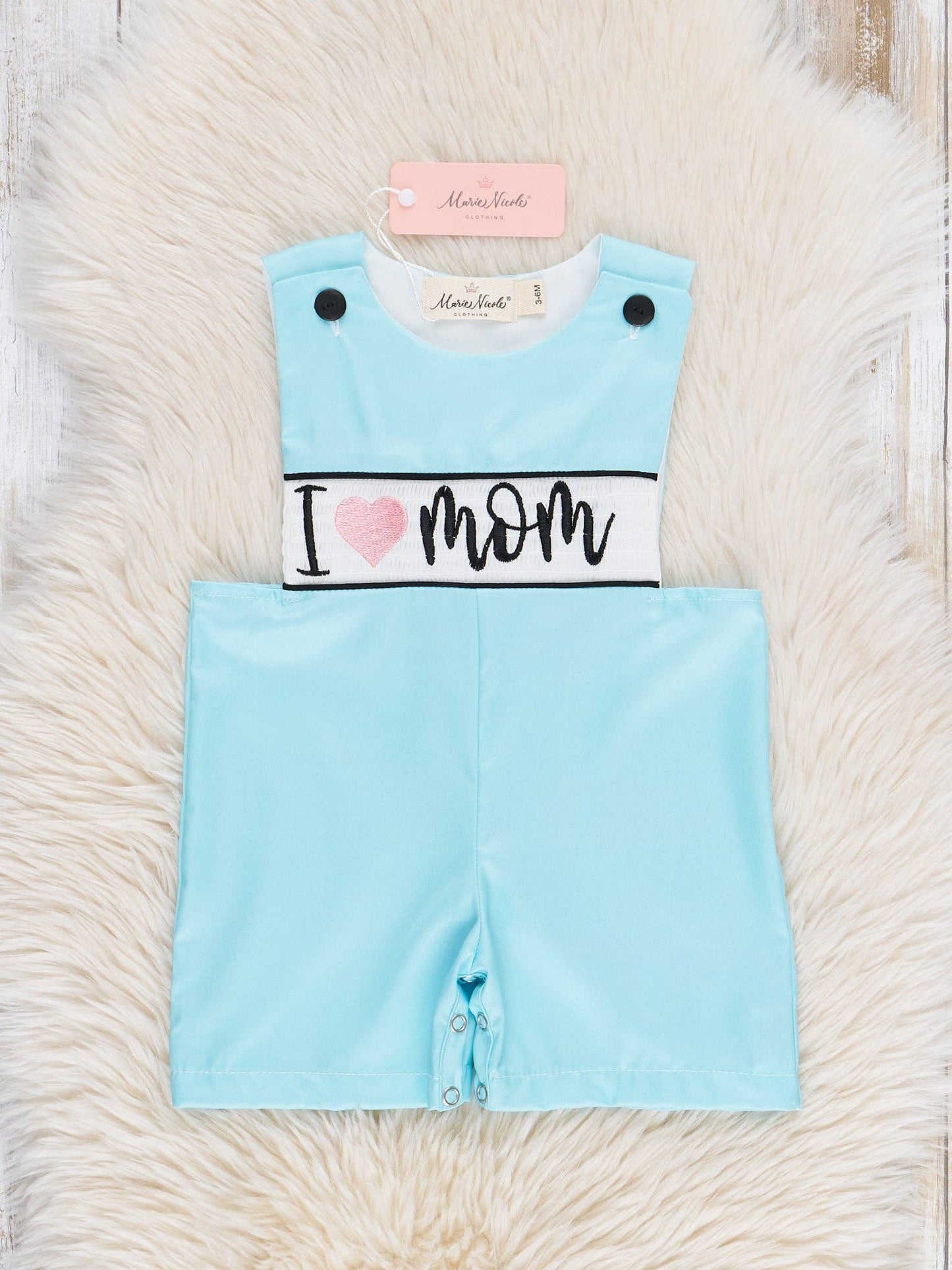 Aqua "I Love Mom" Smocked Johnny