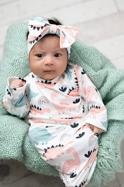 Infant Girls Pastel Dino Baby Gown and Bow Headband Set