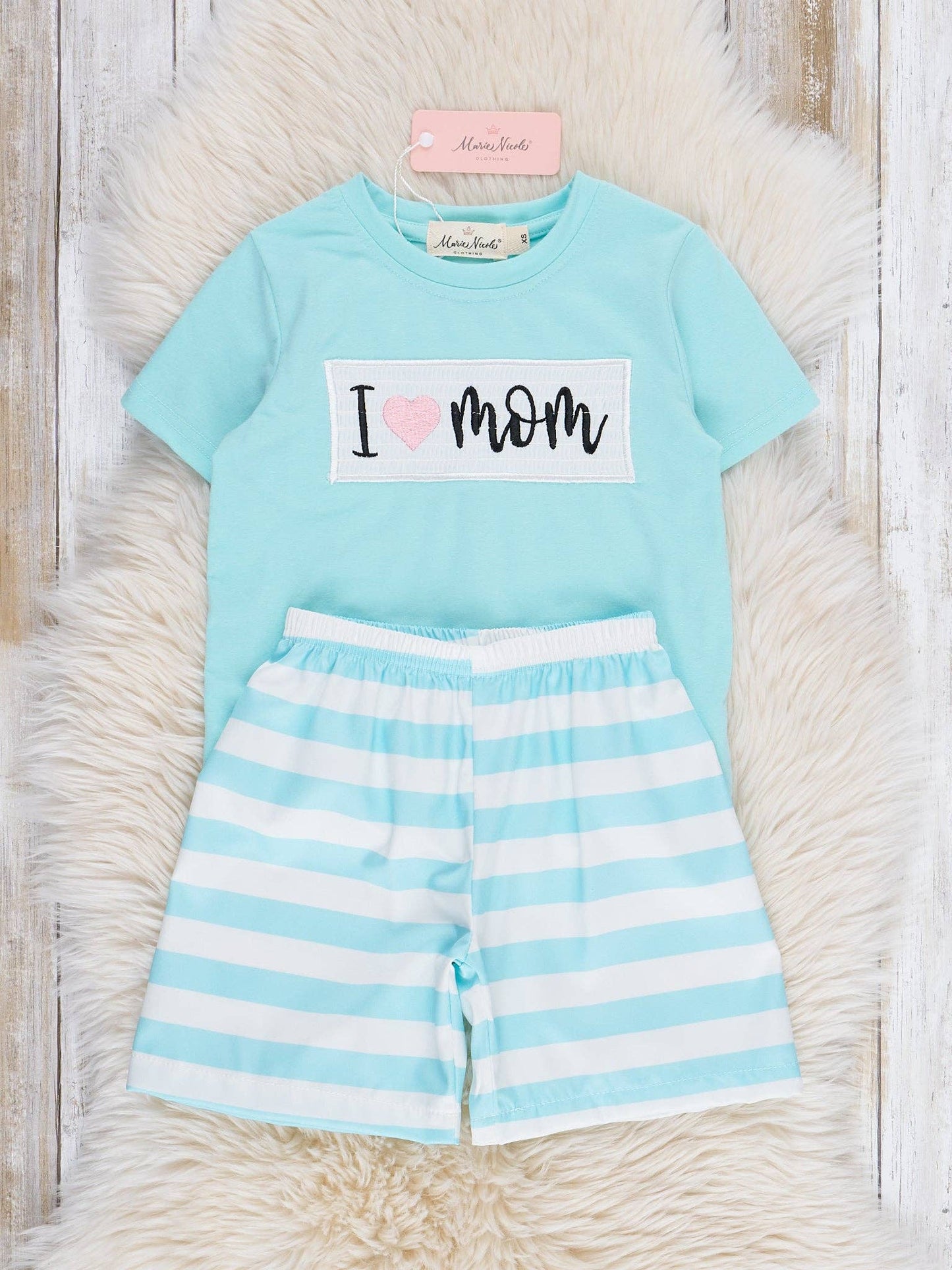 Aqua "I Love Mom" Smocked Outfit
