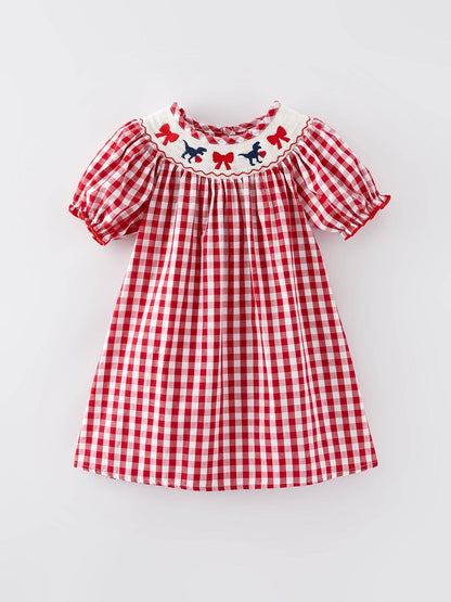 Valentine's Day Dinosaur Bow Smocking Embroidered Dress