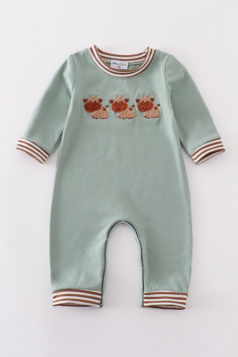 Green farm cow French knot boy romper