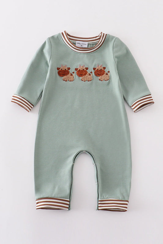 Green farm cow French knot boy romper