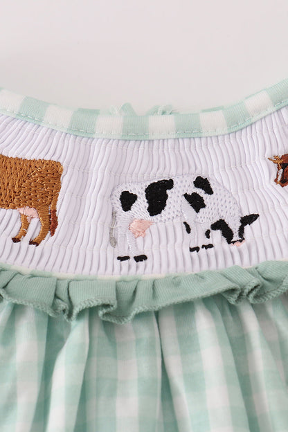 Green cow embroidery smocked gingham ruffle bubble