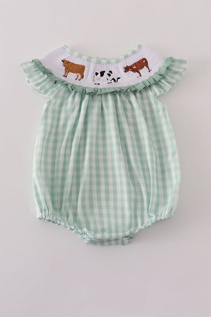 Green cow embroidery smocked gingham ruffle bubble