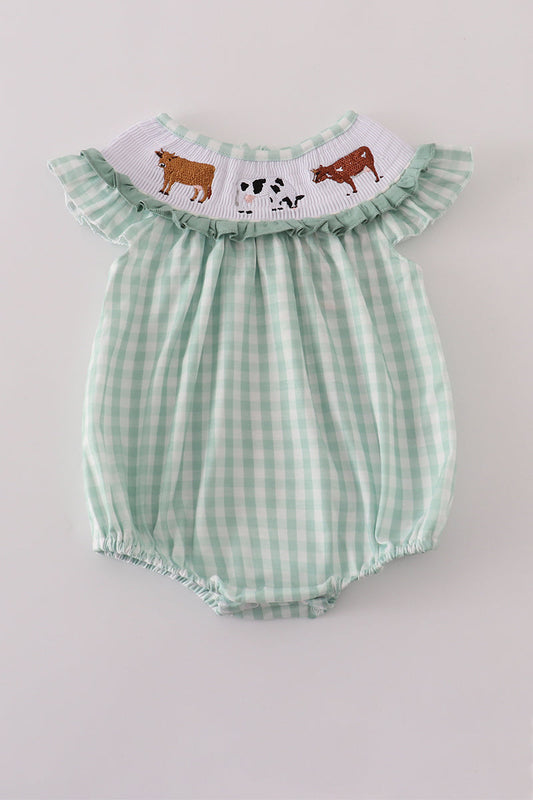 Green cow embroidery smocked gingham ruffle bubble