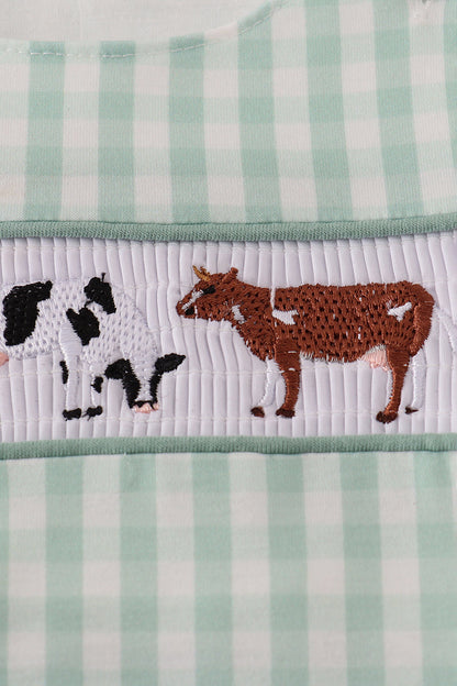 Green cow embroidery smocked gingham bubble