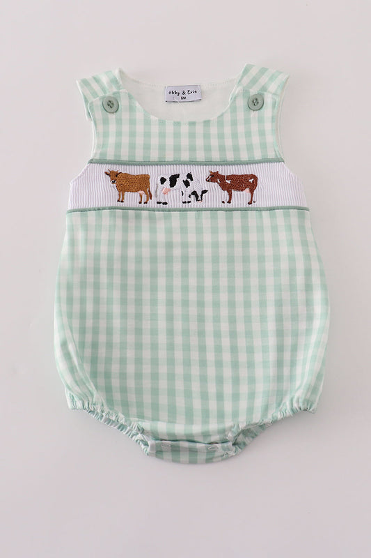 Green cow embroidery smocked gingham bubble