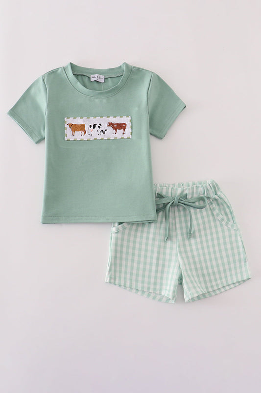 Boys Green cow embroidery smocked gingham shorts set