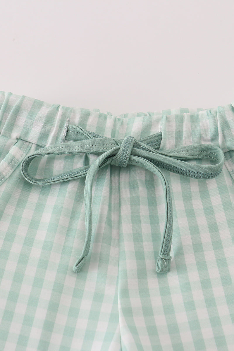 Boys Green cow embroidery smocked gingham shorts set