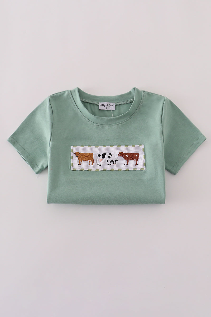 Boys Green cow embroidery smocked gingham shorts set