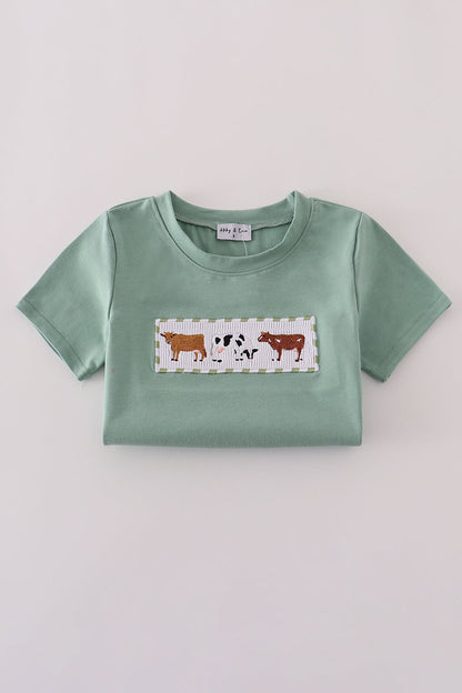 Boys Green cow embroidery smocked gingham shorts set