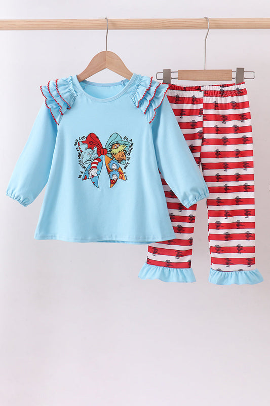 Red stripe Dr. Seuss bow ruffle pants set