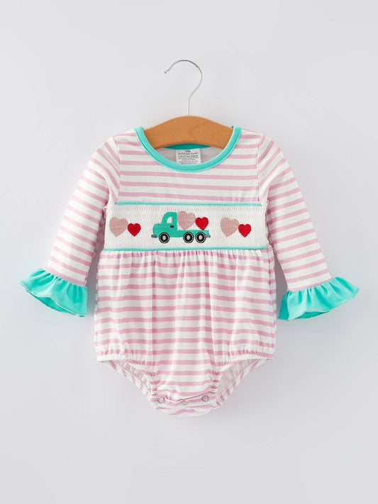 Valentine's Day Ruffle Stripe Smocking Embroidered Girls Romper
